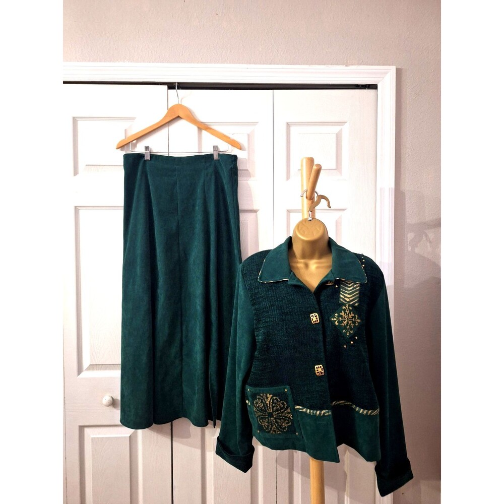 80s City Girl Faux Suede Women's 2 Pc Skirt Set 10 12 Green Modest Office Career